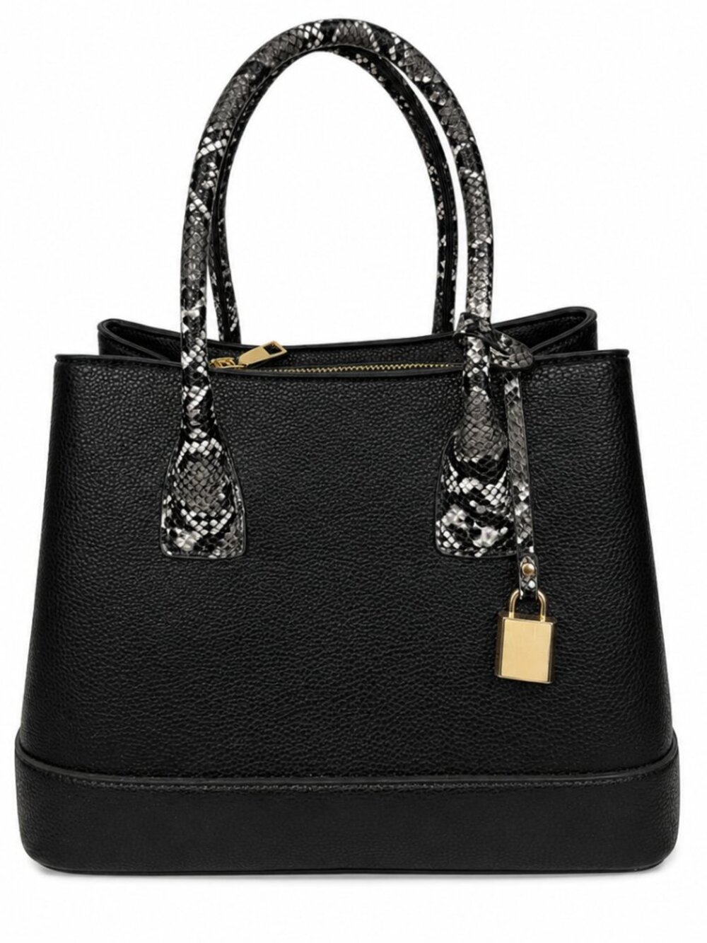 Black Faux Leather Tote Bag with Snakeskin Handles & Gold Hardware